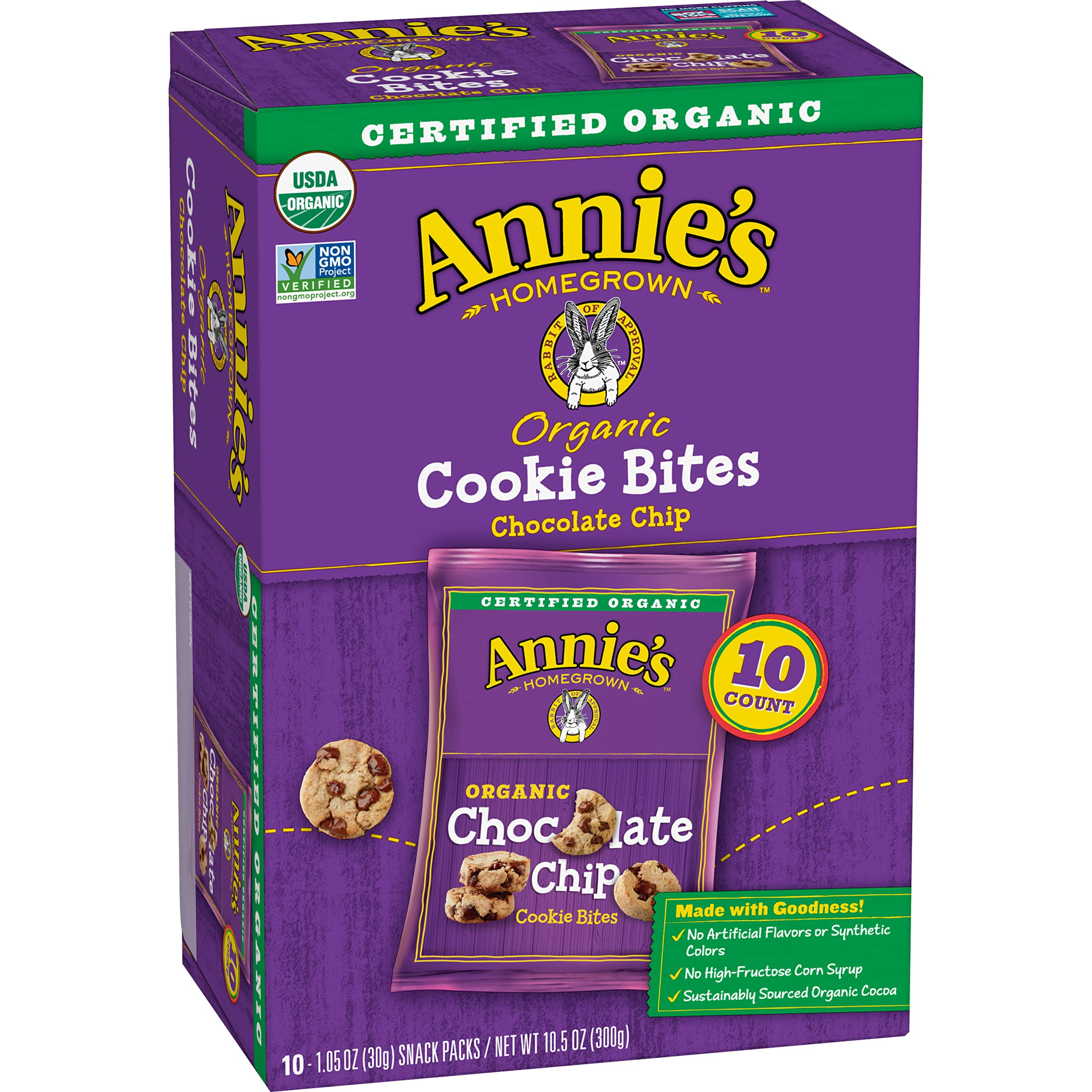 Pack of 2 - Annies Organic Chocolate Chip Cookie Bites, 10 Pouches, 10.5 Oz Packaging May Vary