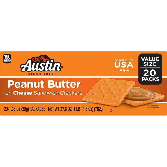 Pack of 2 Austin Peanut Butter on Cheese Sandwich Crackers, Single Serve Snack Crackers, 20 Count