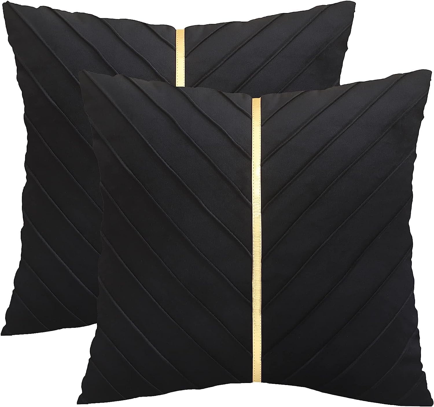 Black Velvet and Gold Leather Square Pillow Covers 18x18, Set of 2