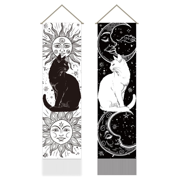 Pack of 2 Black and White Cat Tapestries Sun and Moon Tapestry Vintage Black White Tassel Tapestry Wall Hanging for Bedroom Living Room Home