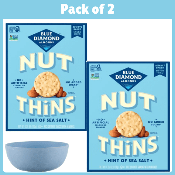 Pack of 2 Blue Diamond Almonds Nut-Thins, Hint of Sea Salt, Snack Crackers, Gluten-Free, 4.25oz-With Bowl