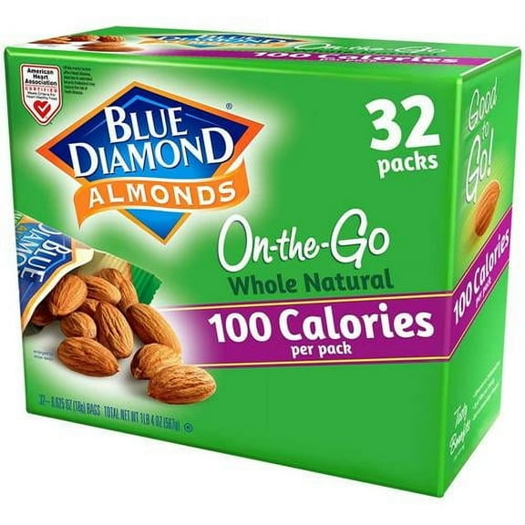 Blue Diamond Almonds Whole Natural Raw Snack Nuts, 100 Calorie Travel Bags, 32 Count - Pack of 2