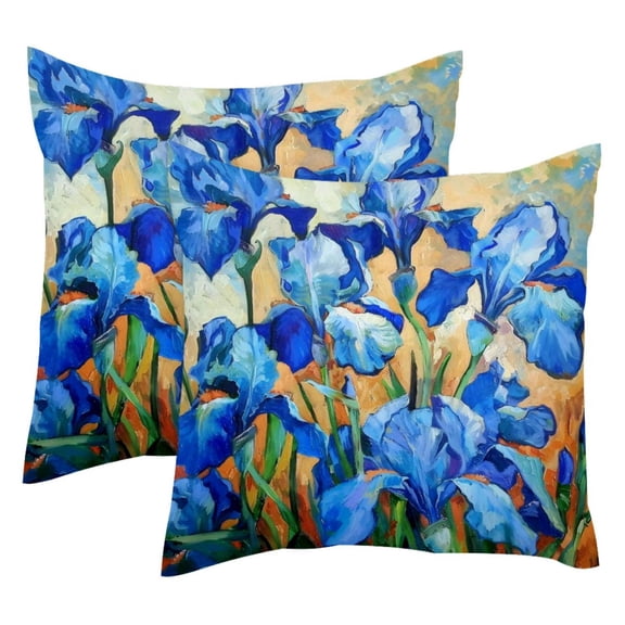 Pack of 2 Blue Irises Painting Throw Pillow Covers 20x20 Inch, Square Farmhouse Pillowcase, Velvet Cushion Case for Sofa Bedroom Home Decor