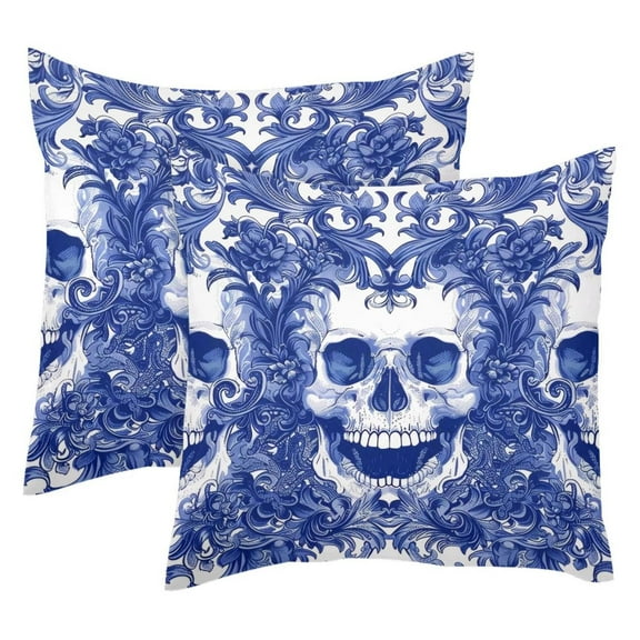 Pack of 2 Blue Skull Pattern Throw Pillow Covers 20x20 Inch, Square Farmhouse Pillowcase, Velvet Cushion Case for Sofa Bedroom Home Decor