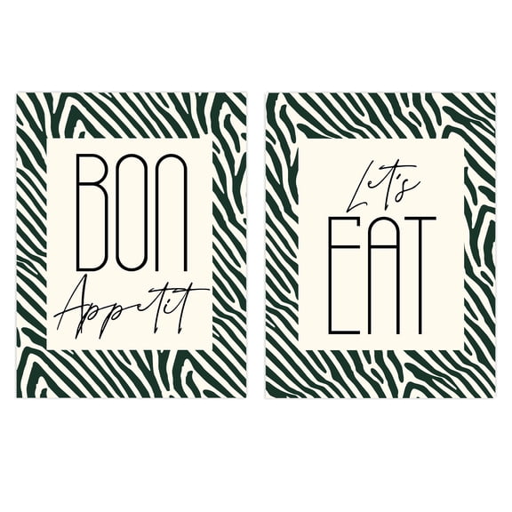 Pack of 2 Bon Appetit Let's Eat Typography with Zebra Stripes Pattern Kitchen Sign Unframed Wall Art Living Room Prints Set