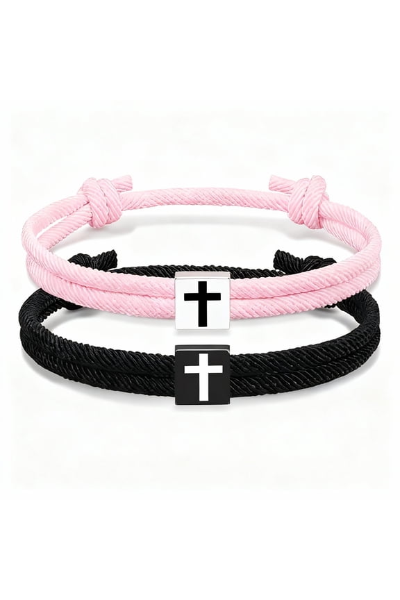Pack of 2 Braided Rope Crosses Charm Bracelets Adjustable Length Symbol Baptism Birthday