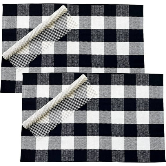 Pack of 2 Buffalo Plaid Outdoor Layering Rug with Anti Slip Mat-Black and White Kitchen Rug - Porch Rug
