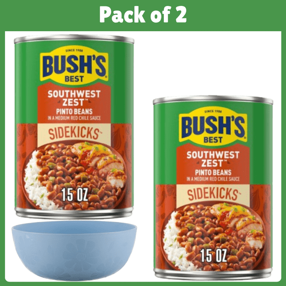 Pack of 2 Bush's Sidekicks Southwest Zest Pinto Beans, Canned Beans, 15 oz Can-With Bowl