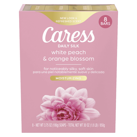 Pack of 2 Caress Bar Soap for Women, Daily Silk White Peach & Orange Blossom for All Skin 3.75 oz 8 ct