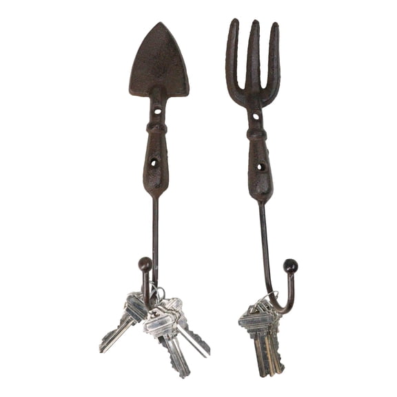 Pack of 2 Cast Iron Garden Hand Tool Fork and Trowel Wall Hooks For Coats Keys