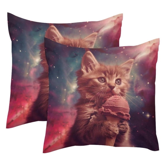 Pack of 2 Cat Ice Cream in the Galaxy Throw Pillow Covers 20x20 Inch, Square Farmhouse Pillowcase, Velvet Cushion Case for Sofa Bedroom Home Decor