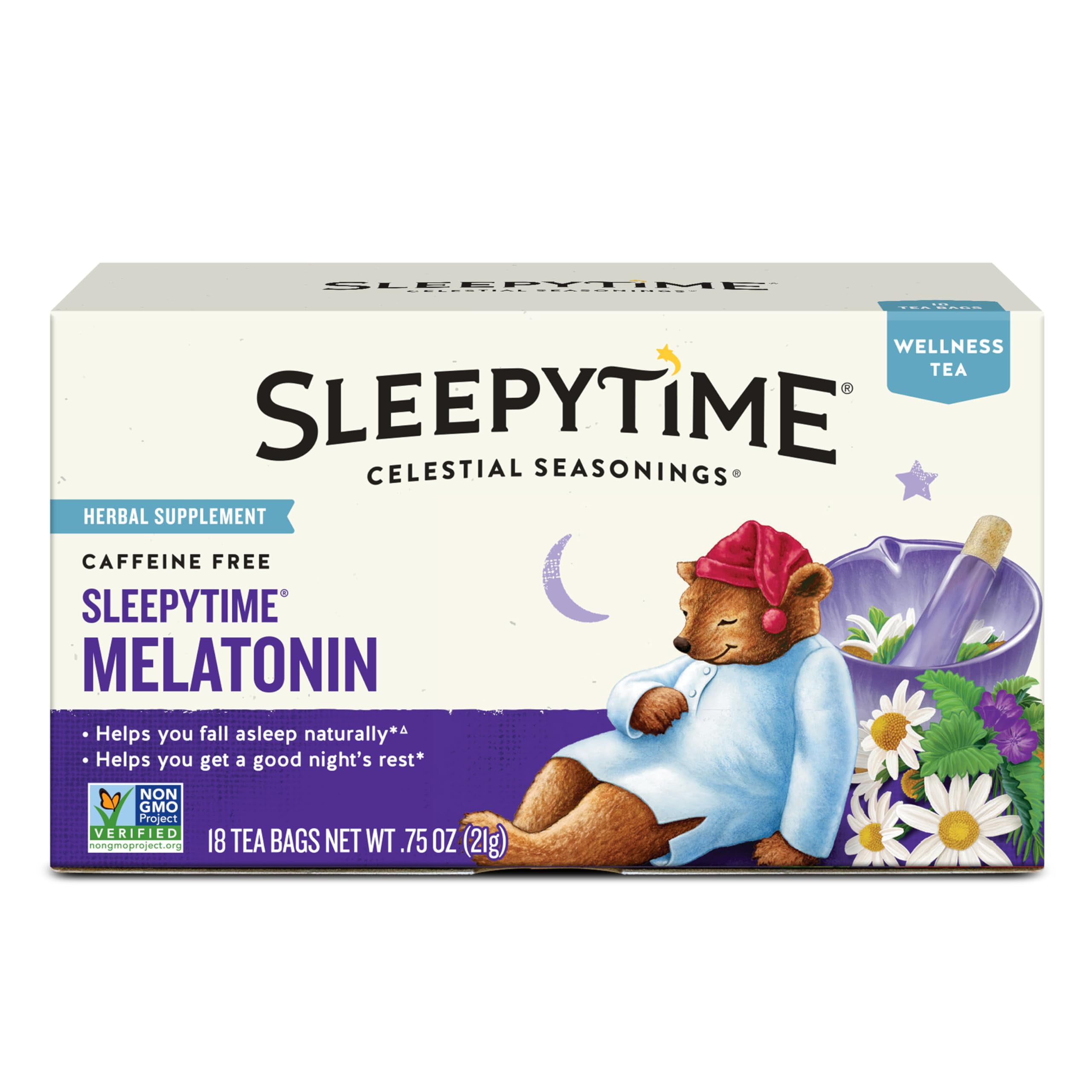 Pack of 2 - Celestial Seasonings Sleepytime Wellness Tea Plus Melatonin, Caffeine Free, 18 Tea Bags Box