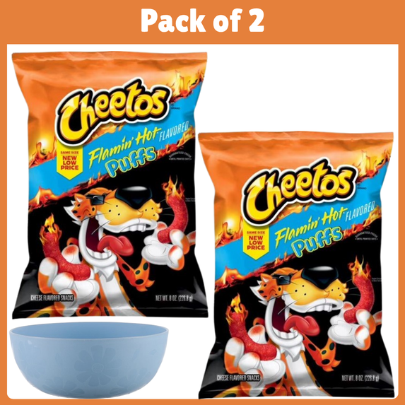 Pack of 2 Cheetos Puffs Flamin' Hot Cheese Flavored Snacks, 8 oz (Packaging may vary)-With Bowl