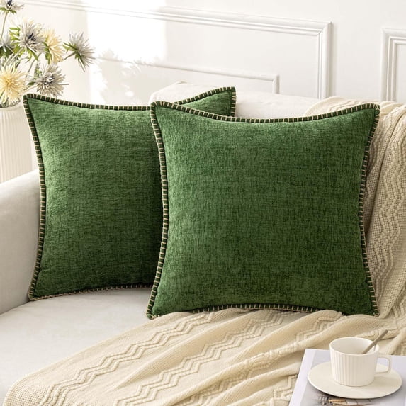 Pack of 2 Chenille Throw Pillow Covers for Couch Sofa Bed Boho Home Decor, 18x18 inch, Green