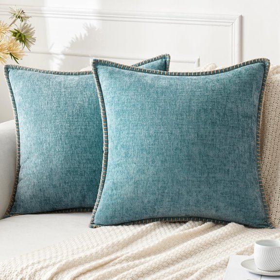 Pack of 2 Chenille Throw Pillow Covers for Couch Sofa Bed Boho Home Decor, 18x18 inch, Smoke Blue