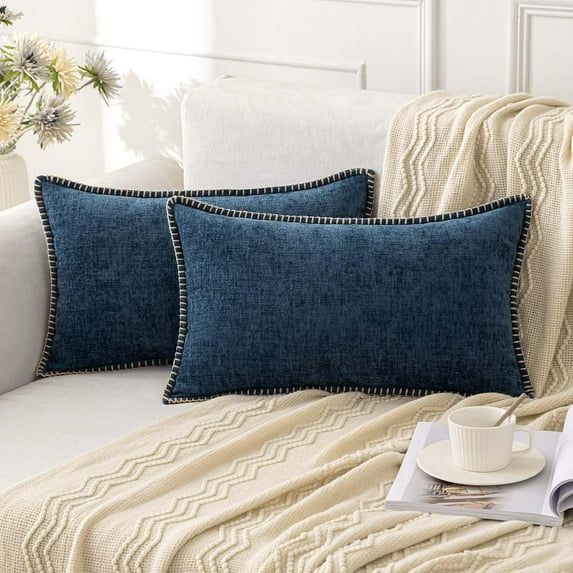 Pack of 2 Chenille Throw Pillow Covers for Couch Sofa Bed Boho Home Decor, 20x12 inch, Blue