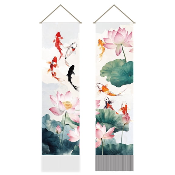 Pack of 2 Chinese Ink Painting Tapestries Carp Lotus and Lotus Leaf Pattern Vertical Japanese Doorway Curtain Tassel Tapestry Wall Hanging