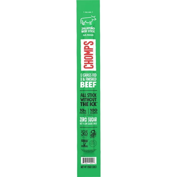 Pack of 2 Chomps 10g Protein Beef Jerky Meat Stick - Jalapeo, 1.15 oz (Package May Vary)