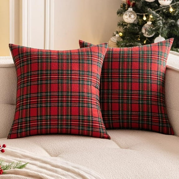 Pack of 2 Christmas Plaid Decorative Throw Pillow Covers Scottish Tartan Cushion Case for Farmhouse Home Holiday Decor Red and Green, 18 x 18 Inches