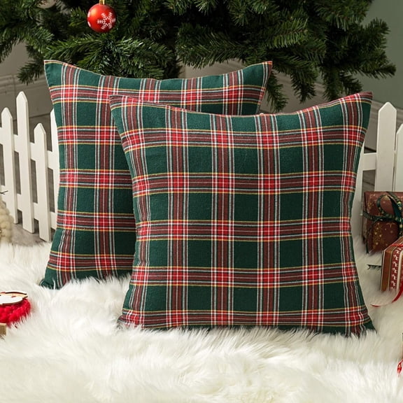 Pack of 2 Christmas Plaid Decorative Throw Pillow Covers Scottish Tartan Cushion Case for Farmhouse Home Holiday Decor Red and Green, 18 x 18 Inches