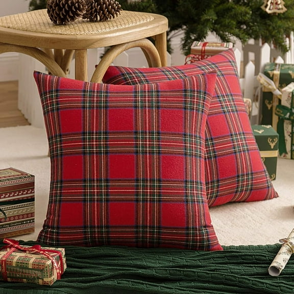 Pack of 2 Christmas Plaid Decorative Throw Pillow Covers Scottish Tartan Cushion Case for Farmhouse Home Holiday Decor Red and Green, 20 x 20 Inches