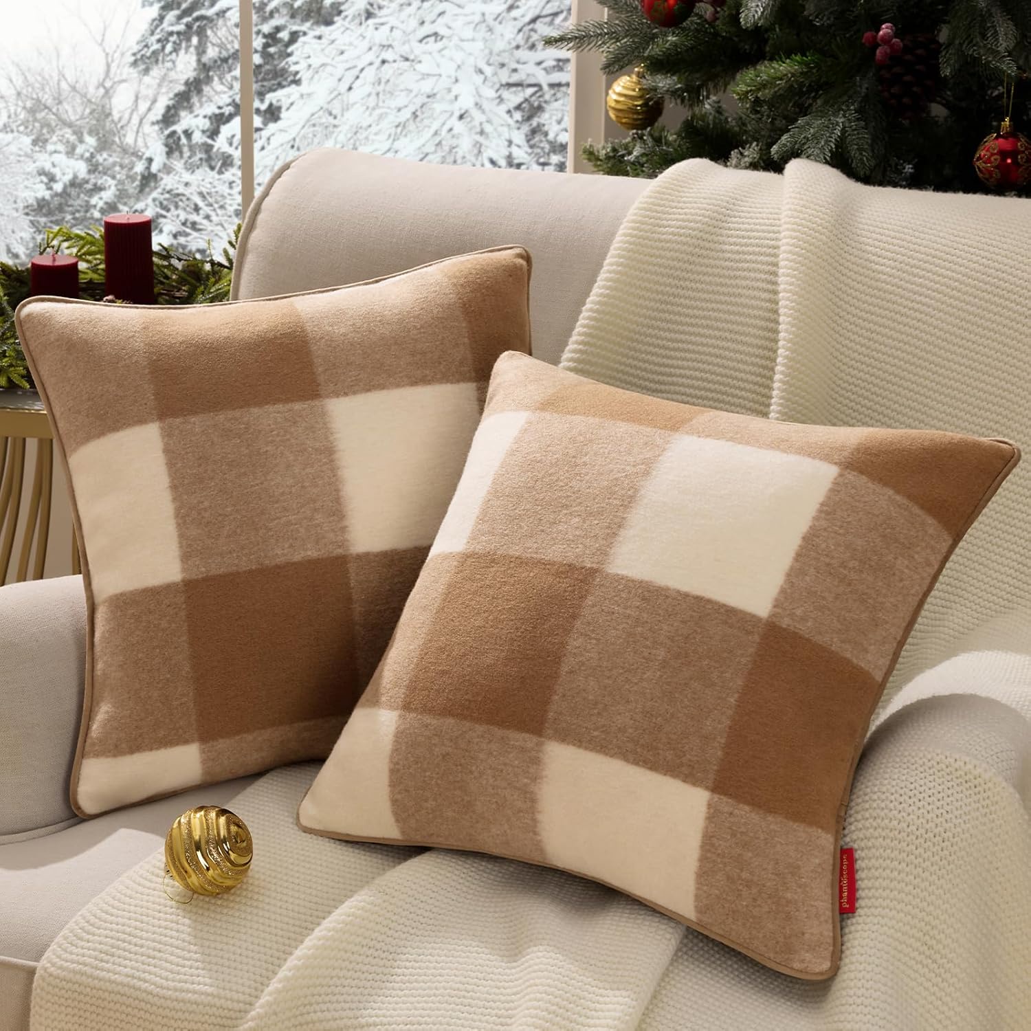 Pack of 2 Christmas Throw Pillow Covers, 18x18 Inch Faux Wool Buffalo Check Plaid with Locking Edge, Beige Holiday Decor for Couch