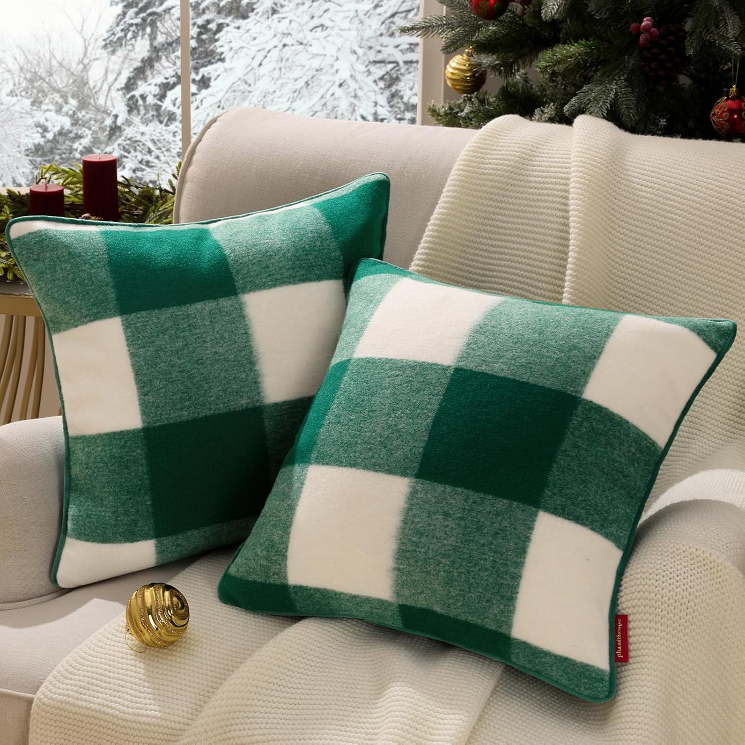 Pack of 2 Christmas Throw Pillow Covers, 18x18 Inch Faux Wool Buffalo Check Plaid with Locking Edge, Green Holiday Decor for Couch
