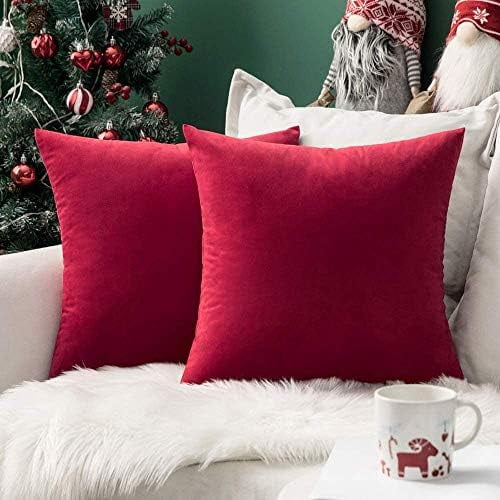 Pack of 2 Christmas Velvet Pillow Covers Decorative Square Pillowcase Soft Solid Cushion Case Home Decor for Couch Sofa Bedroom Car 16x16 Inch Red