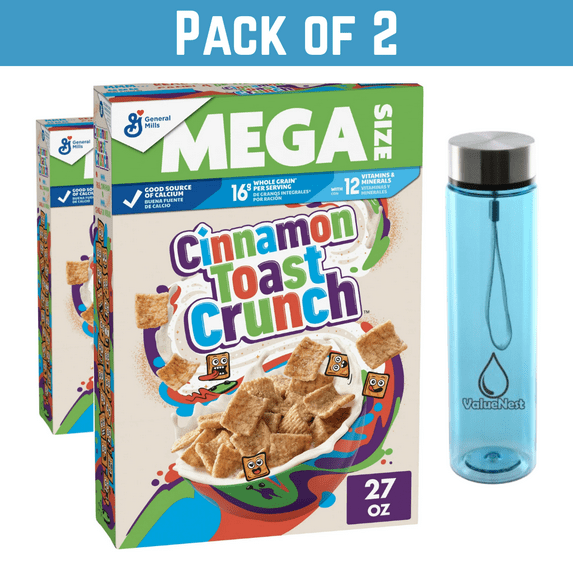Pack of 2 Cinnamon Toast Crunch Mega Size Cereal, 27 oz Each + Free Valuenest Water Bottle