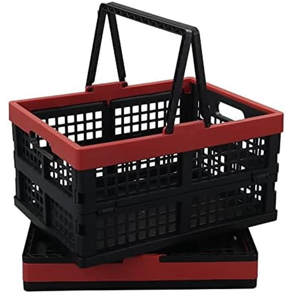 Pack of 2 Collapsible Storage Crates with Handles, Plastic Grocery Shopping Baskets