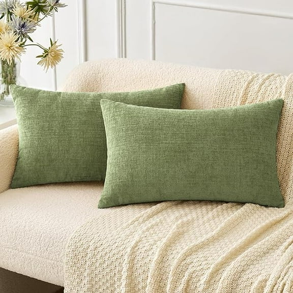 Pack of 2 Couch Throw Pillow Covers 12x20 Inch Spring Soft Sage Green Chenille Pillow Covers for Sofa Living Room Solid Dyed Pillow Cases