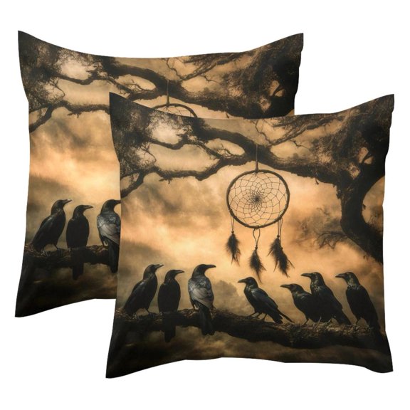 Pack of 2 Crows Dreamcatcher in the Wind Throw Pillow Covers 20x20 Inch, Square Farmhouse Pillowcase, Velvet Cushion Case for Sofa Bedroom Home Decor