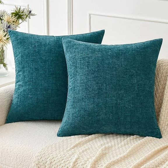 Pack of 2 Dark Teal Throw Pillow Covers 20x20 Inch Soft Chenille Pillow Covers for Sofa Living Room Couch Solid Dyed Cases