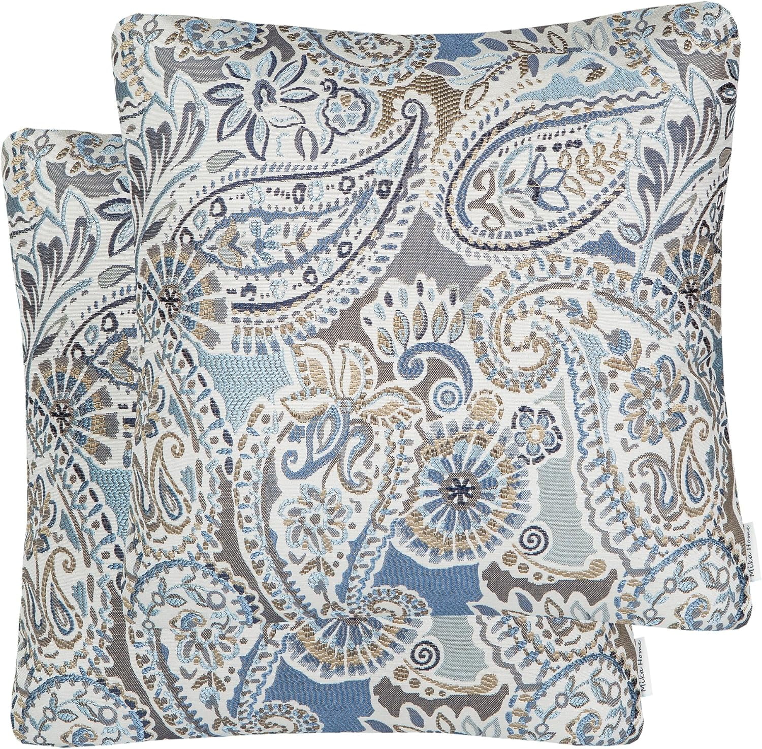 Paisley Pattern Blue and Brown Jacquard 20" Throw Pillow Covers, Set of 2