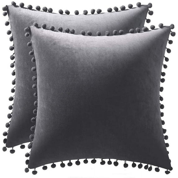 Pack of 2 Decorative Throw Pillow Covers with Pom Poms Soft Square Velvet Pillow Case for Couch Sofa Bedroom Dark Gray 16x16 Inches 40x40cm