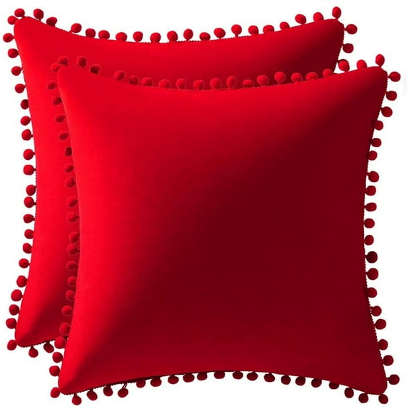 Pack of 2 Decorative Throw Pillow Covers with Pom Poms Soft Square Velvet Pillow Case for Couch Sofa Bedroom Red 18 x 18 Inch 45x45cm