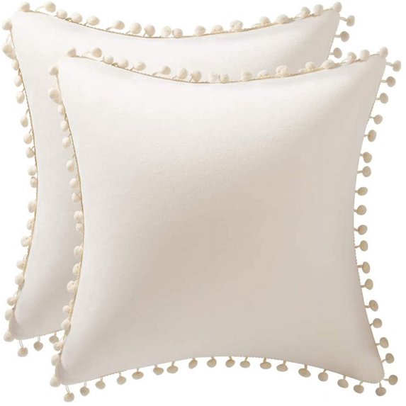 Pack of 2 Decorative Throw Pillow Covers with Pom Poms Soft Square Velvet Pillow Case for Couch Sofa Bedroom White 20x20 Inches 50x50cm