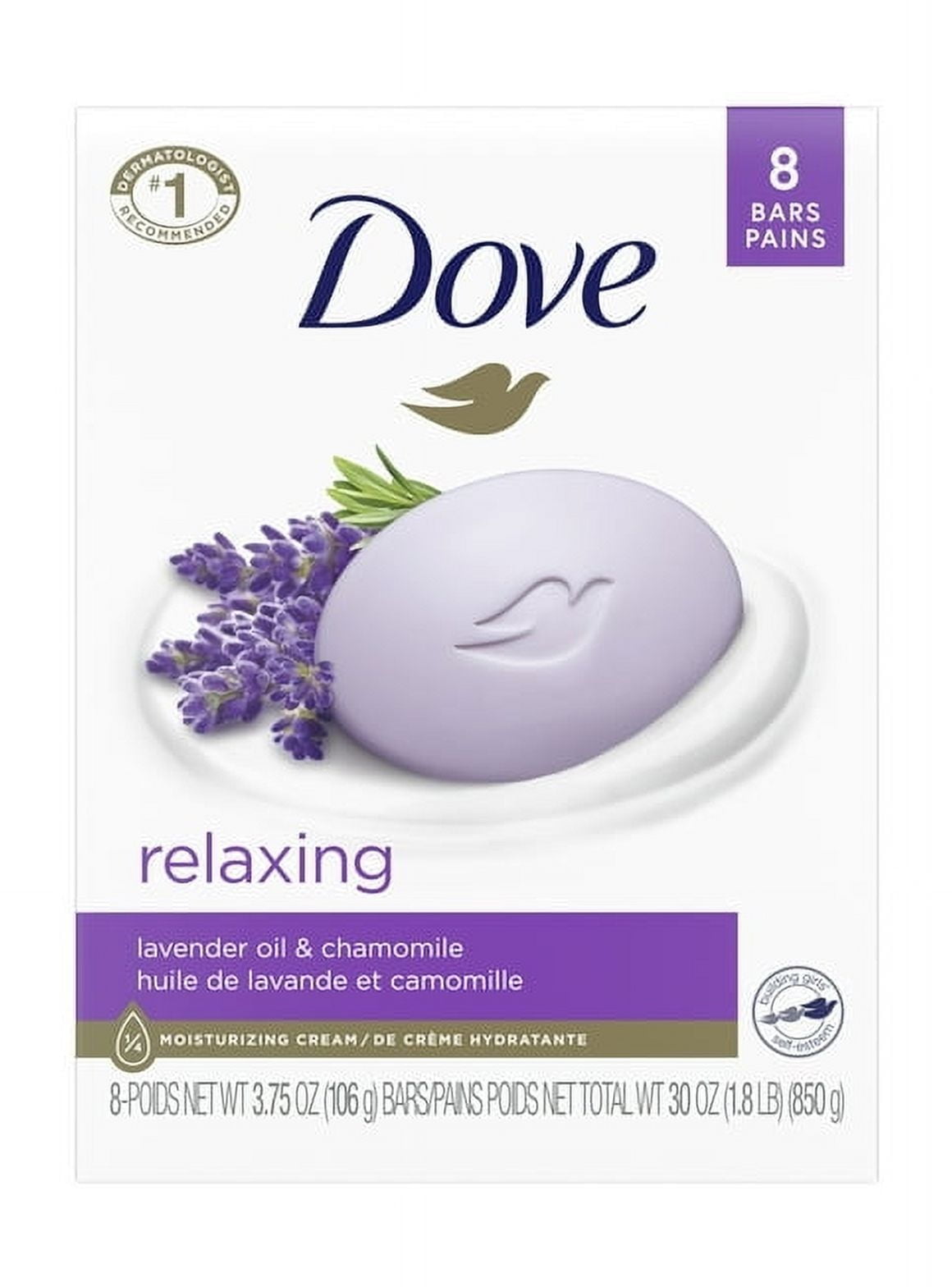 Pack of 2 Dove Relaxing Gentle Beauty Bar Soap for All Skin Type, Lavender and Chamomile, 3.75 oz (8 Bars)