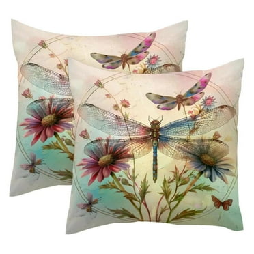 Pack of 2 Dragonfly Flower Painting Throw Pillow Covers 20x20 Inch, Square Farmhouse Pillowcase, Velvet Cushion Case for Sofa Bedroom Home Decor