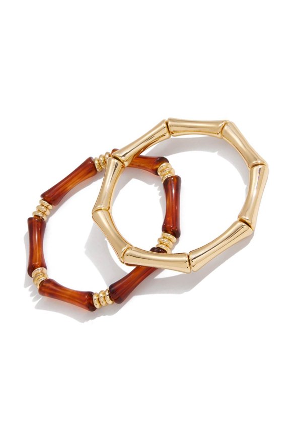 Pack of 2 Elegant Bamboos Joint Bracelets Set Resin Stainless Steel Jewelry Comfortable Stackable Wristchain for Women