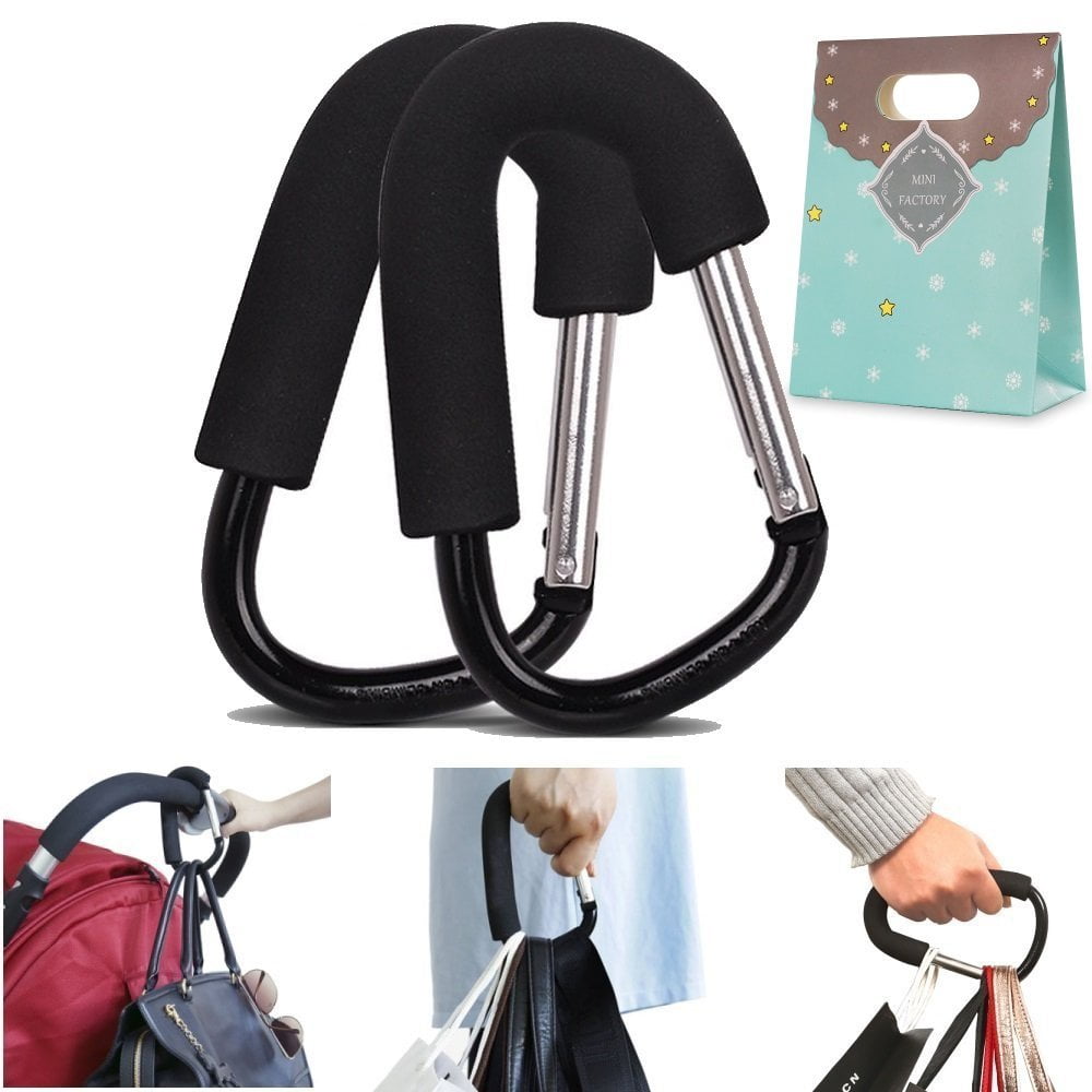 (Pack of 2) Extra Large Stroller Hooks, Mini-Factory Multi-Purpose Hanger  Hooks for Diaper, Shopping Bags, Purses - Black