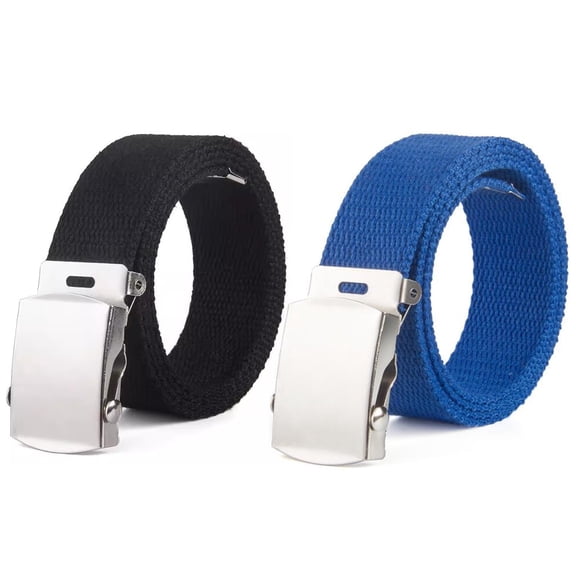 Pack of 2 Extra Long Mens Nylon Fabric Ratchet Belts for Men Metal Buckle Free Cut-to-Fit Up to 60 inches Black and Blue