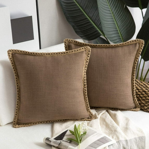 Pack of 2 Farmhouse Modern Fall Decorative Throw Pillow Covers Burlap Linen Trimmed Outdoor Pillows Tailored Edges