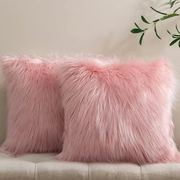 Pack of 2 Faux Fur Throw Pillow Covers Cushion Covers Luxury Soft Decorative Pillowcase Fuzzy Pillow Covers for Bed/Couch, Pink 18 x 18 Inches