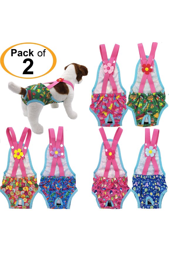 Pack of 2 Female Dog Diapers Sanitary Pantie Washable Reusable with Suspenders Stay On for Small Pet
