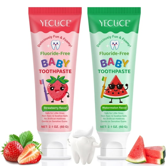 Pack of 2 Fluoride-Free Baby Toothpaste,Children's Oral Health Care,Strawberry & Watermelon Flavors,Suitable for 2+ Years,2.1oz