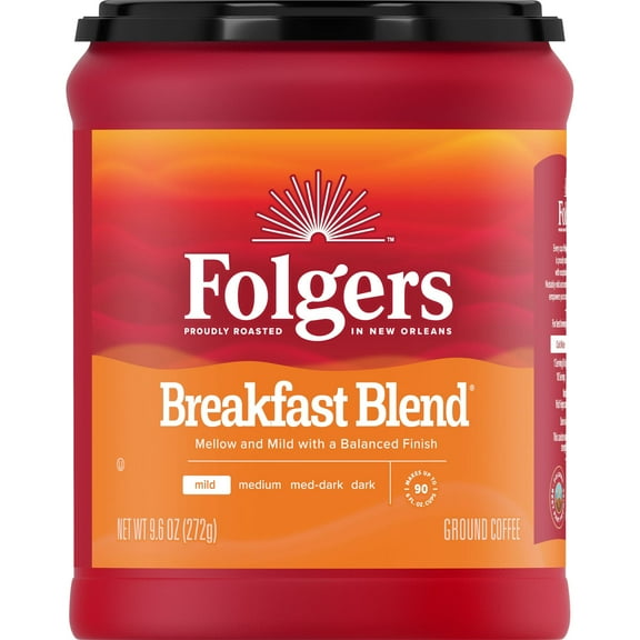 Pack of 2 - Folgers Breakfast Blend Medium_Roast Ground Coffee, Smooth & Mild Coffee, 9.6 Ounce Canister