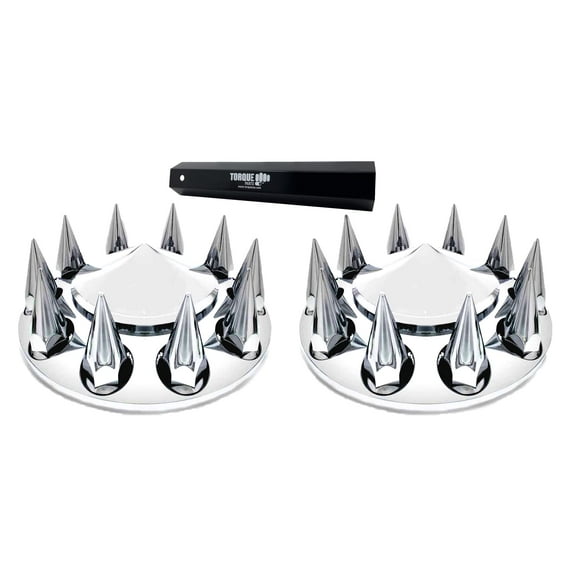 TORQUE Front Axle Wheel Cover Spiked Hubcap 33mm Screw-On ABS Chrome Plastic for Semi Truck (2 Pack) (Universal Fit) (TR585-TWC)