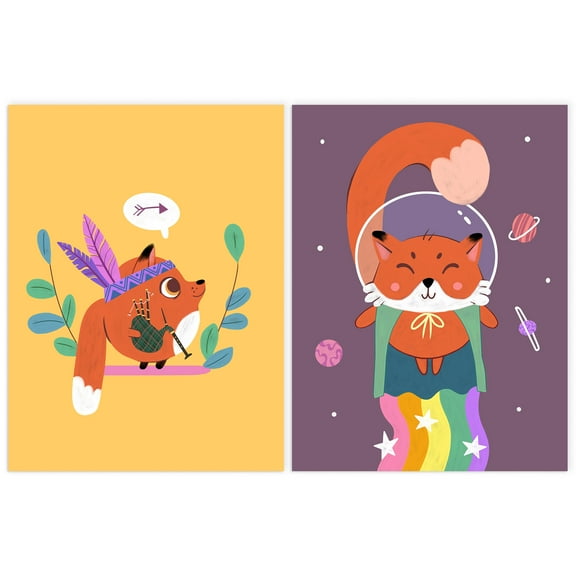 Pack of 2 Fun Cute Fox Kids Bedroom Native American Rainbow Superhero Colourful Unframed Wall Art Living Room Prints Set