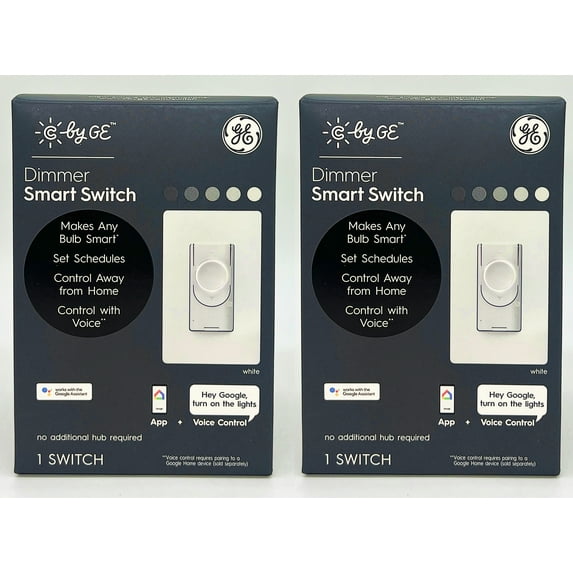 (Pack of 2) GE Smart Dimmer Light Switch, C by GE, Cync, Wire-Free, Battery-Powered, Bluetooth and Wi-Fi Enabled